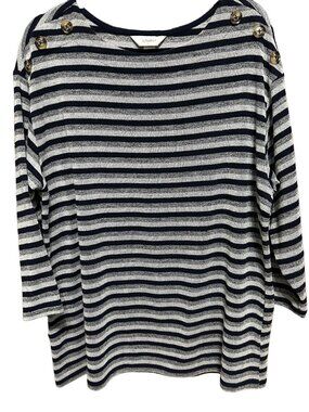 C J Banks size 1X blue striped soft button accents pullover top